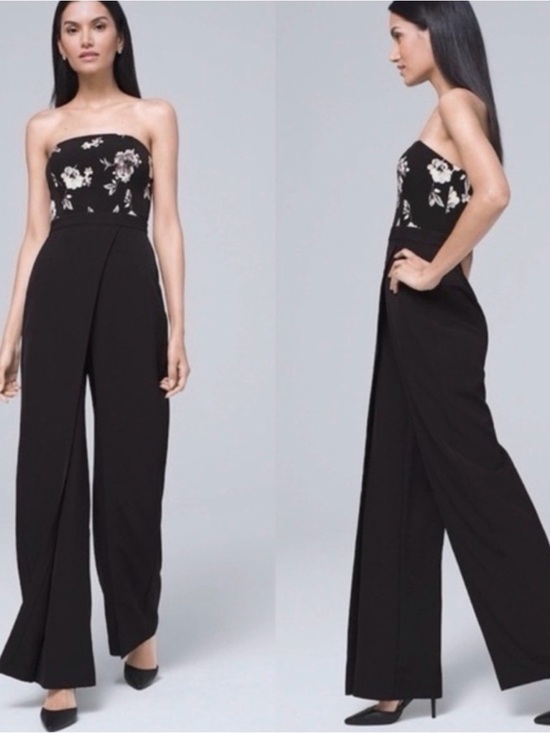 White House Black Market Pants - White House Black Market Black Strapless Floral-Print Jumpsuit